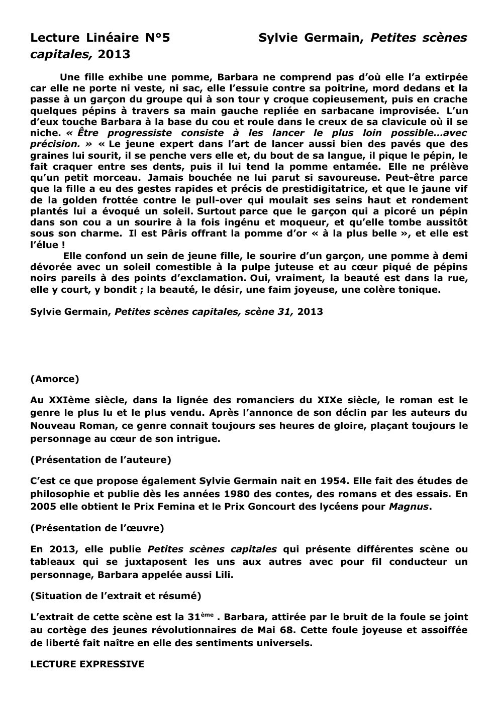 Prévisualisation du document Lecture Linéaire N°5 capitales, 2013  Sylvie Germain, Petites scènes
