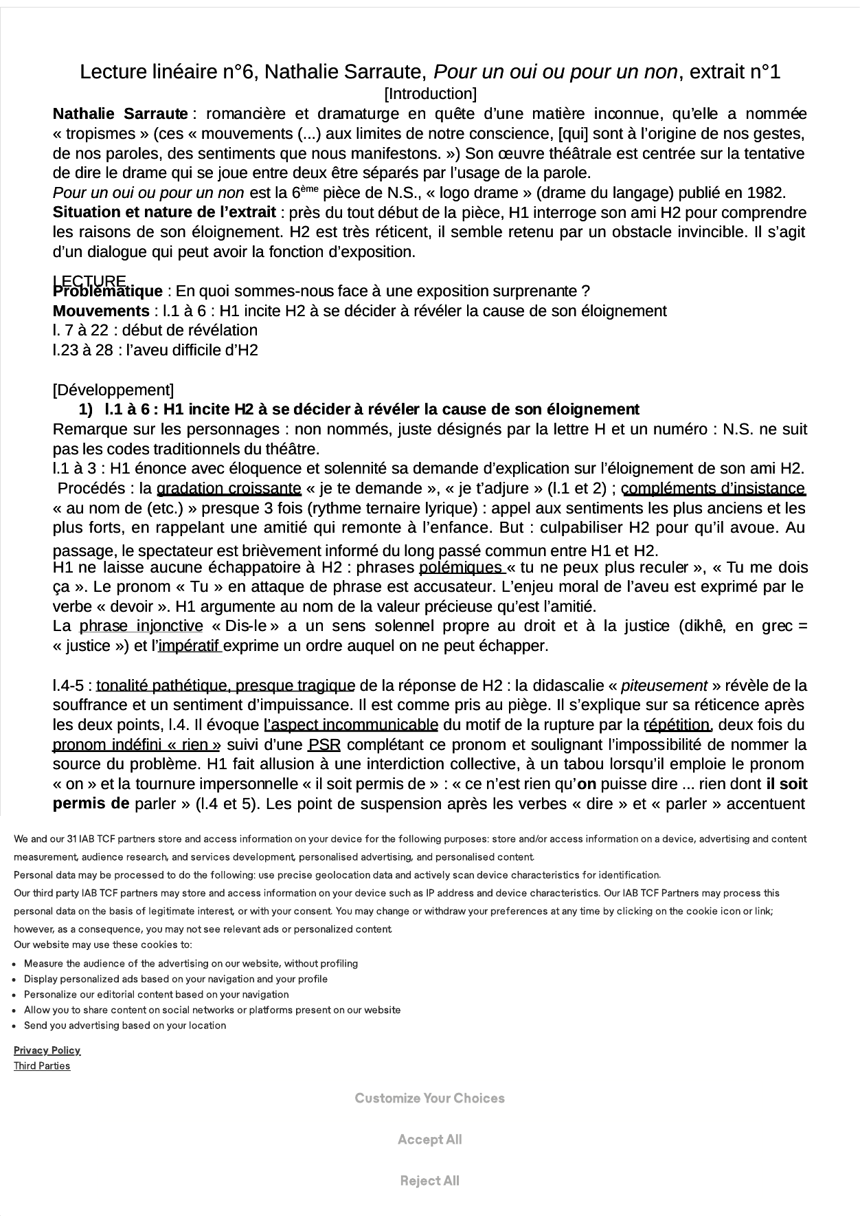 Prévisualisation du document Lecture linéaire n°6, Nathalie Sarraute, Pour un oui ou pour un non, extrait n°1
