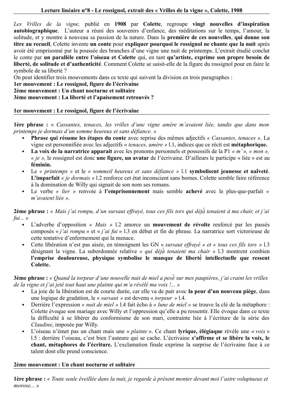 Prévisualisation du document Lecture linéaire n°8 - Le rossignol, extrait des « Vrilles de la vigne », Colette, 1908