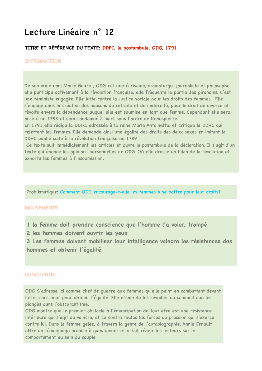 Prévisualisation du document Lecture linéaire, Olympe de Gouges, Declaration de droits de la femme et de la citoyenne, Postambule