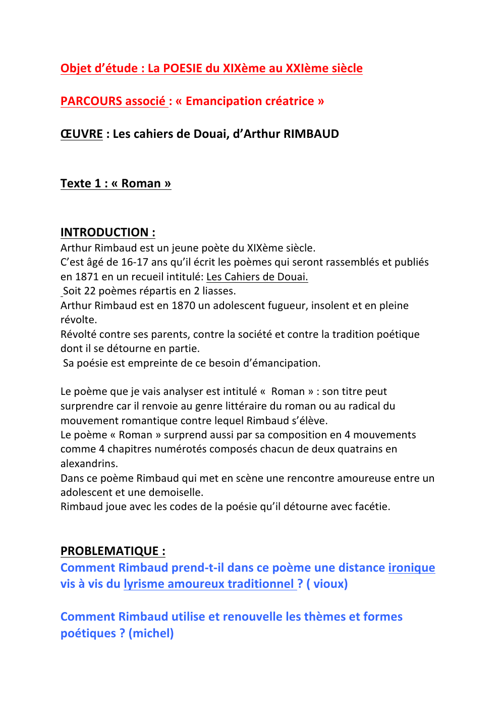 Prévisualisation du document Lecture linéaire Poème Roman de Rimbaud