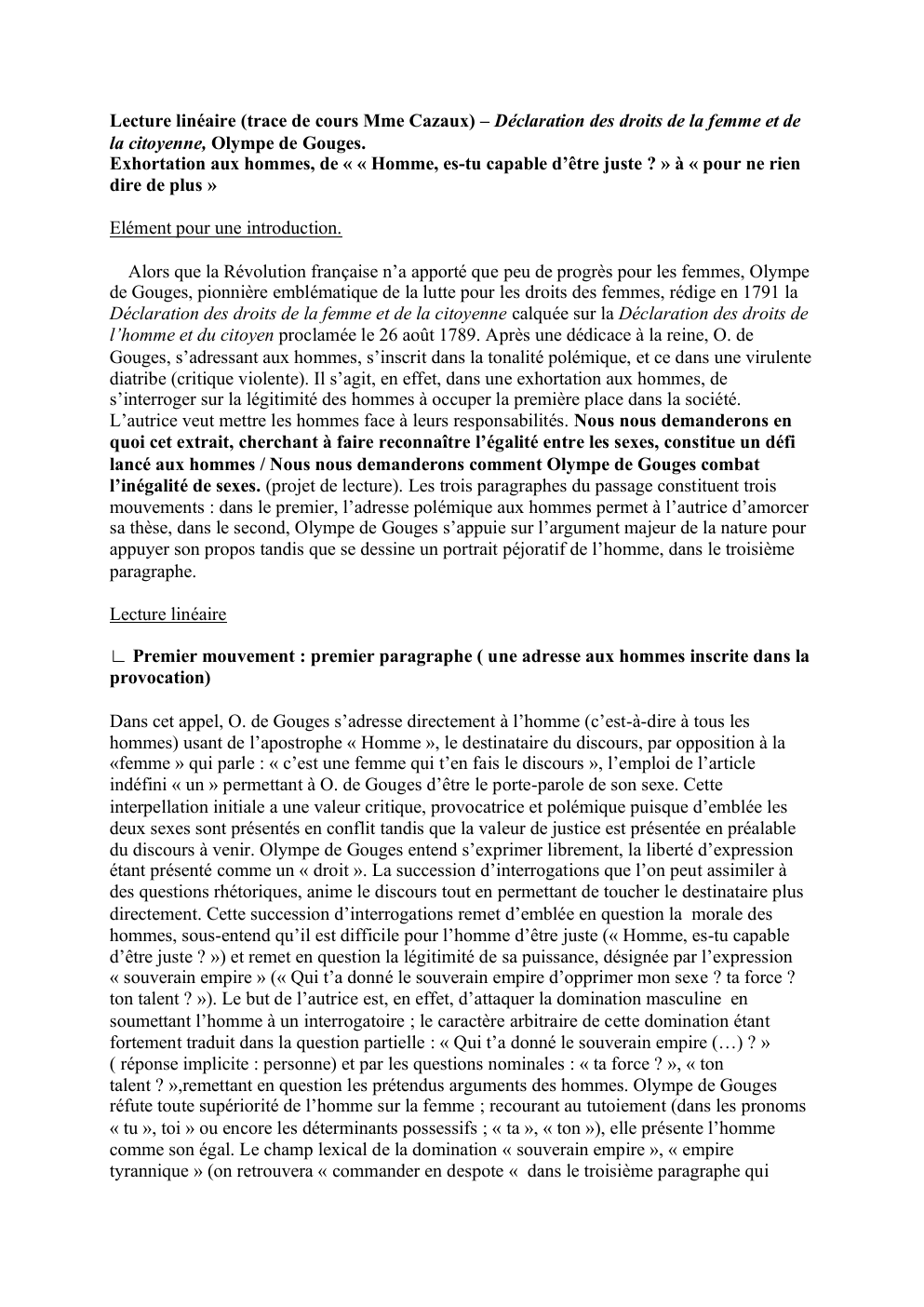 Prévisualisation du document Lecture linéaire (trace de cours Mme Cazaux) – Déclaration des droits de la femme et de la citoyenne, Olympe de Gouges.