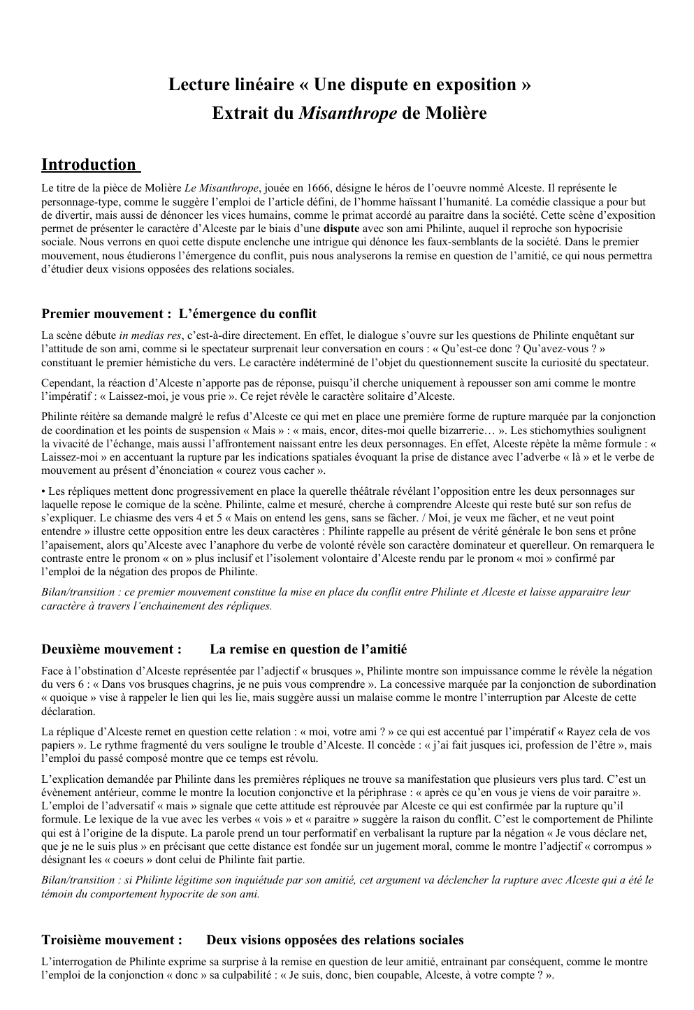 Prévisualisation du document Lecture linéaire « Une dispute en exposition », extrait du Misanthrope de Molière