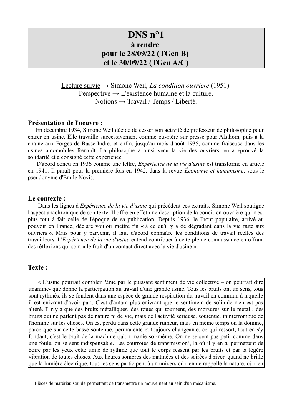 Prévisualisation du document Lecture suivie → Simone Weil, La condition ouvrière (1951)