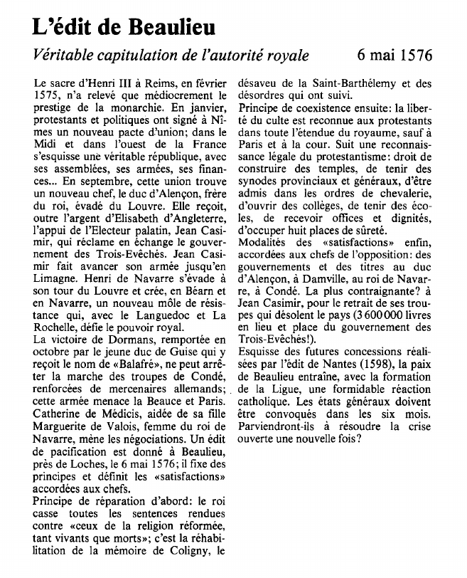 Prévisualisation du document L'édit de BeaulieuVéritable capitulation de l'autorité royale.
