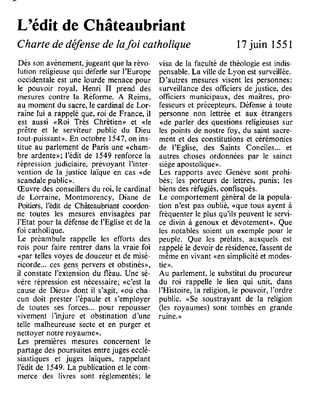 Prévisualisation du document L'édit de ChâteaubriantCharte de défense de la foi catholique.