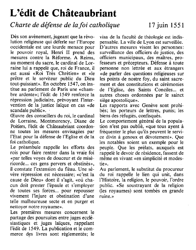Prévisualisation du document L'édit de ChâteaubriantCharte de défense de la foi catholique.