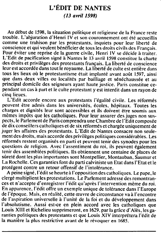 Prévisualisation du document L'ÉDIT DE NANTES( 13 avril 1598) - HISTOIRE.
