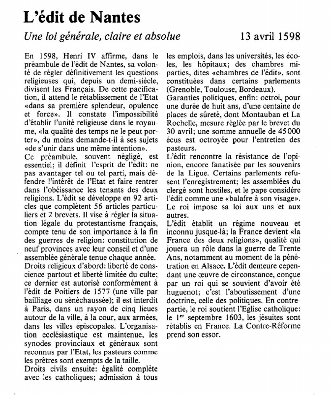 Prévisualisation du document L'édit de NantesUne loi générale, claire et absolue.