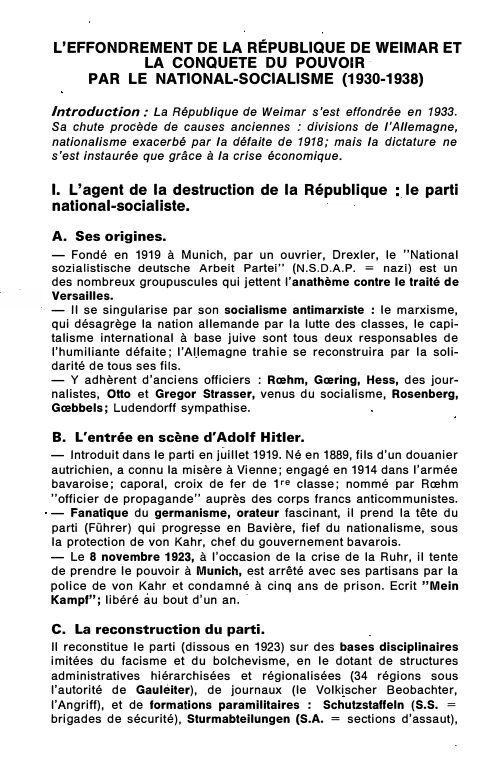 Prévisualisation du document L'EFFONDREMENT DE LA RÉPUBLIQUE DE WEIMAR ET
LA CONQUET E DU POUVOIR ·
PAR LE NAT IONAL-SOCIALISME (1930-1938)
Introduction: La...