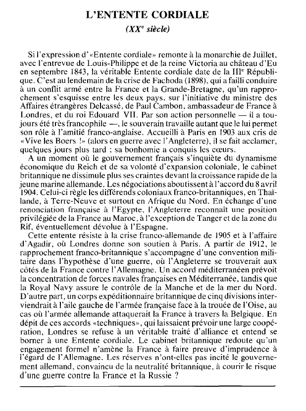 Prévisualisation du document L'ENTENTE CORDIALE(XXe siècle) (histoire).