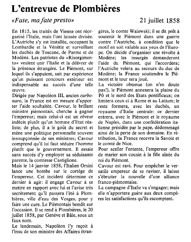 Prévisualisation du document L'entrevue de Plombières«Fate, ma fate presto».