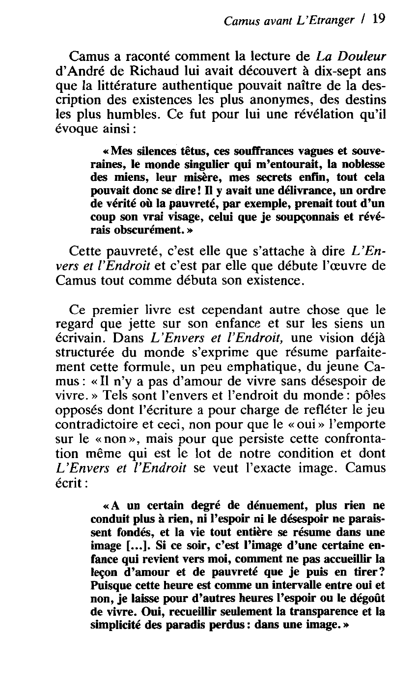 Prévisualisation du document L'Envers et l'Endroit: Il n'y a pas d'amour de vivre sans désespoir de vivre. Camus.