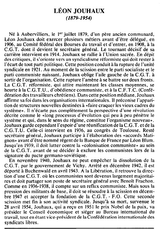 Prévisualisation du document LÉON JOUHAUX( 1879-1954) - BIOGRAPHIE