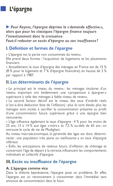 Prévisualisation du document ■

L'épargne

► Pour Keynes, l'épargne déprime la « demande effective»,
alors que pour les classiques l'épargne finance toujours
l'investissement...