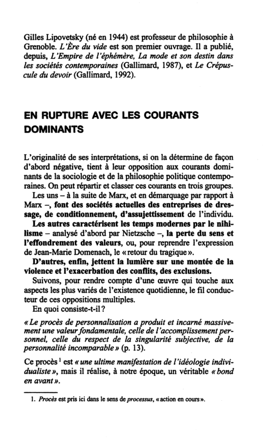 Prévisualisation du document L'Ère du vide ou Essai sur l'individualisme contemporain de Gilles LIPOVETSKY