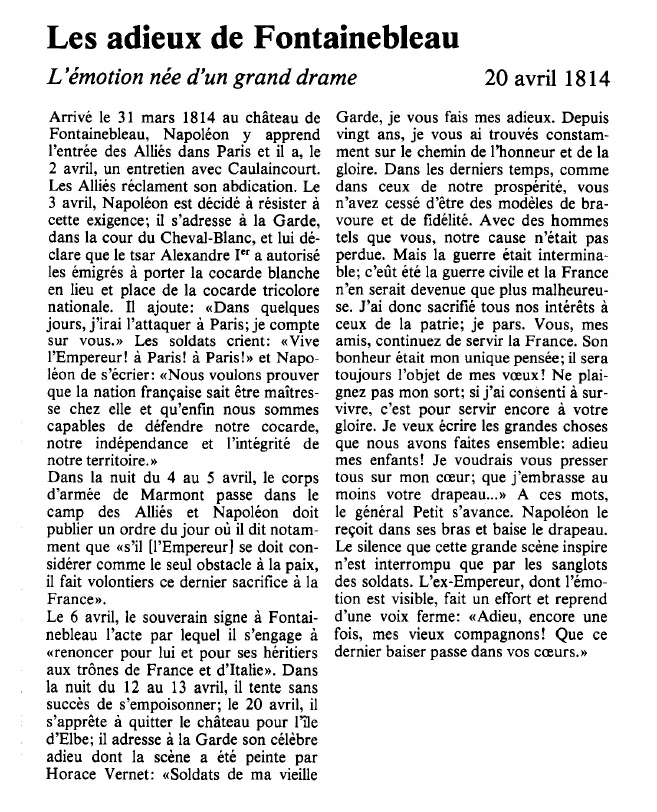 Prévisualisation du document Les adieux de FontainebleauL'émotion née d'un grand drame.
