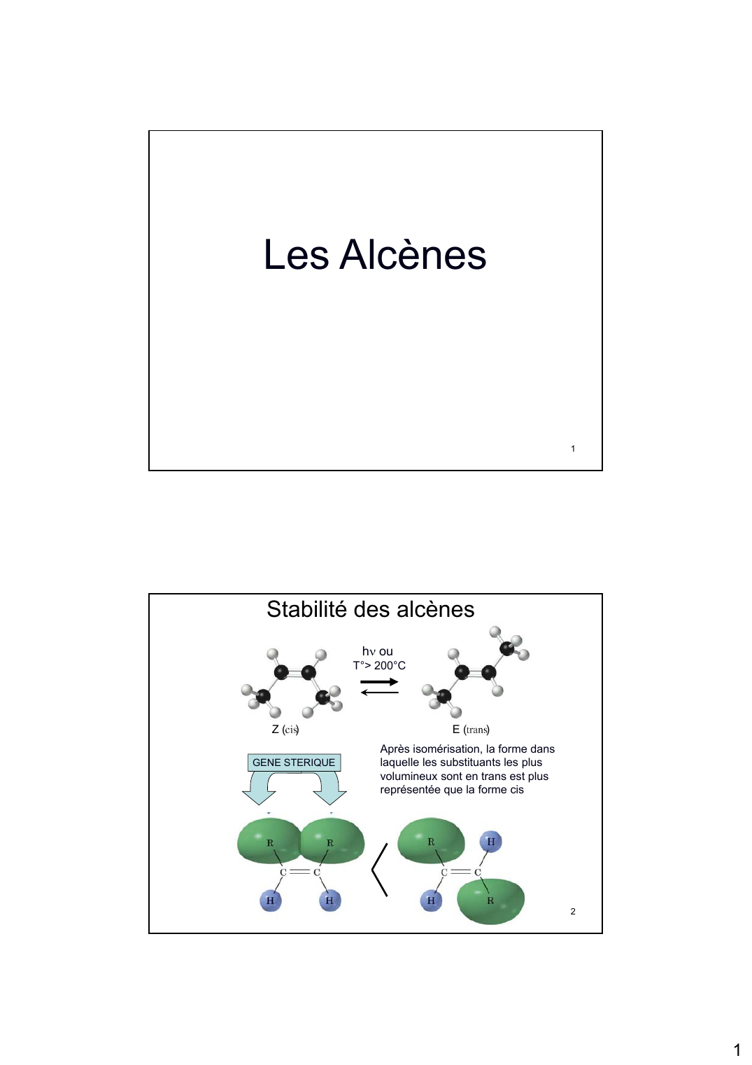Prévisualisation du document Les AlcènesAl1Stabilité des alcènesh? ouT°> 200°CZ( )GENE STERIQUEE()Après isomérisation, la
