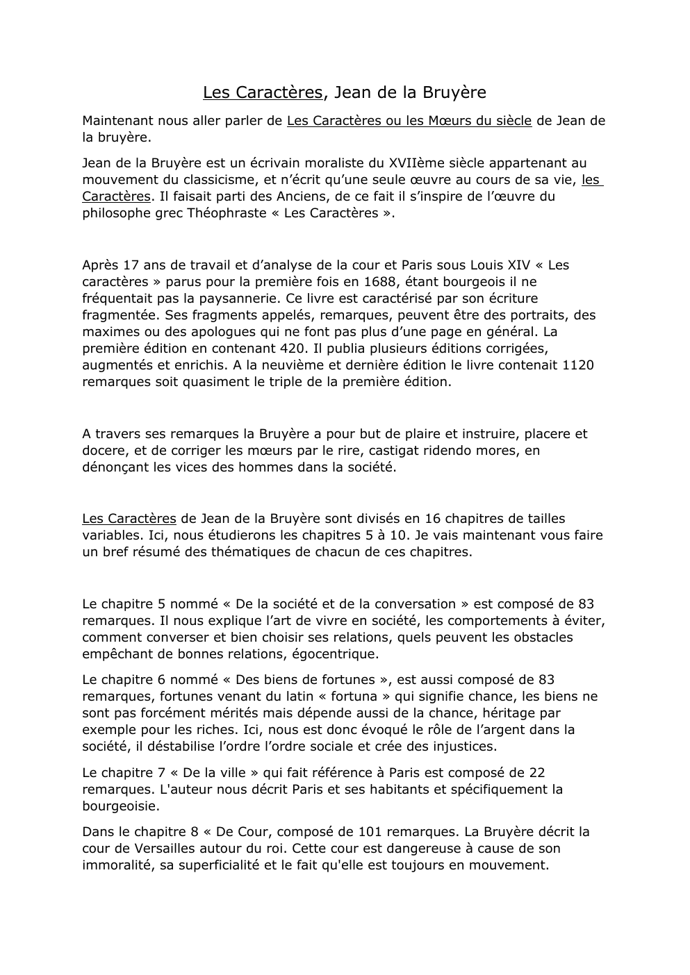 Prévisualisation du document Les Caractères, Jean de la Bruyère - oral de français