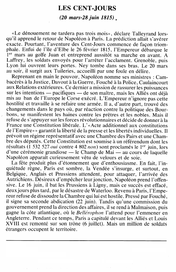 Prévisualisation du document LES CENT-JOURS(20 mars-28 juin 1815) - Histoire.