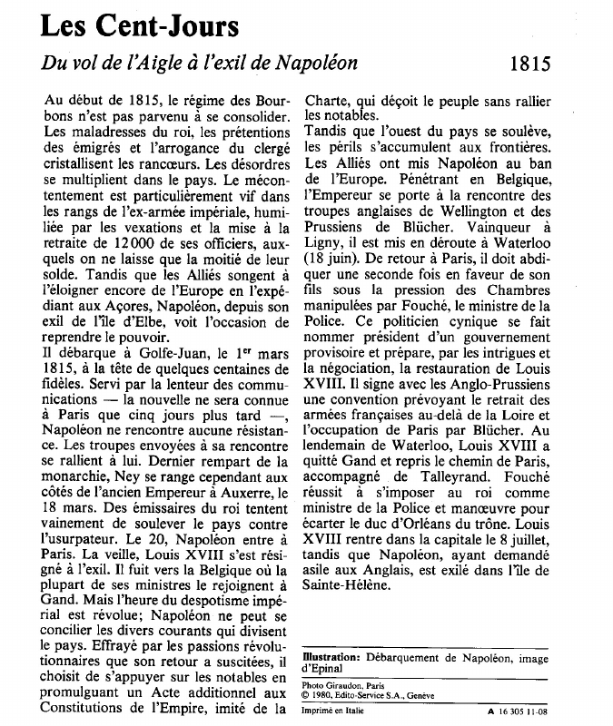 Prévisualisation du document Les Cent-JoursDu vol de l'Aigle à l'exil de Napoléon.