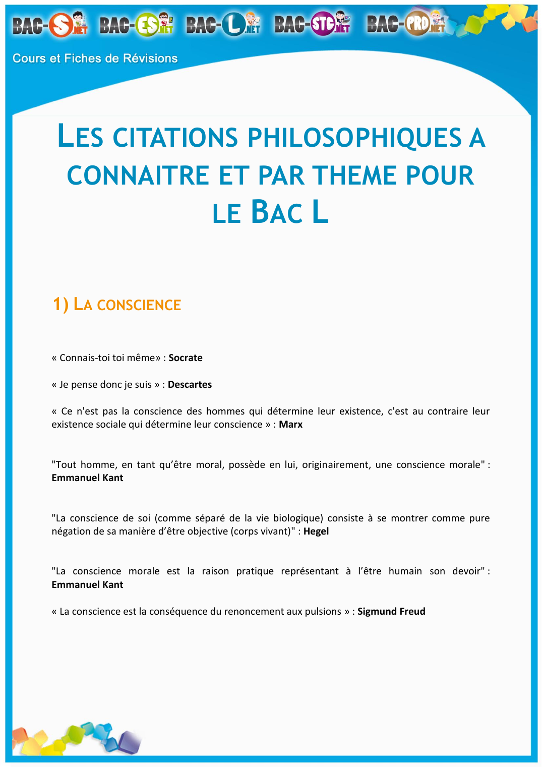 Prévisualisation du document LES CITATIONS PHILOSOPHIQUES A CONNAITRE ET PAR THEME POUR LE  BAC