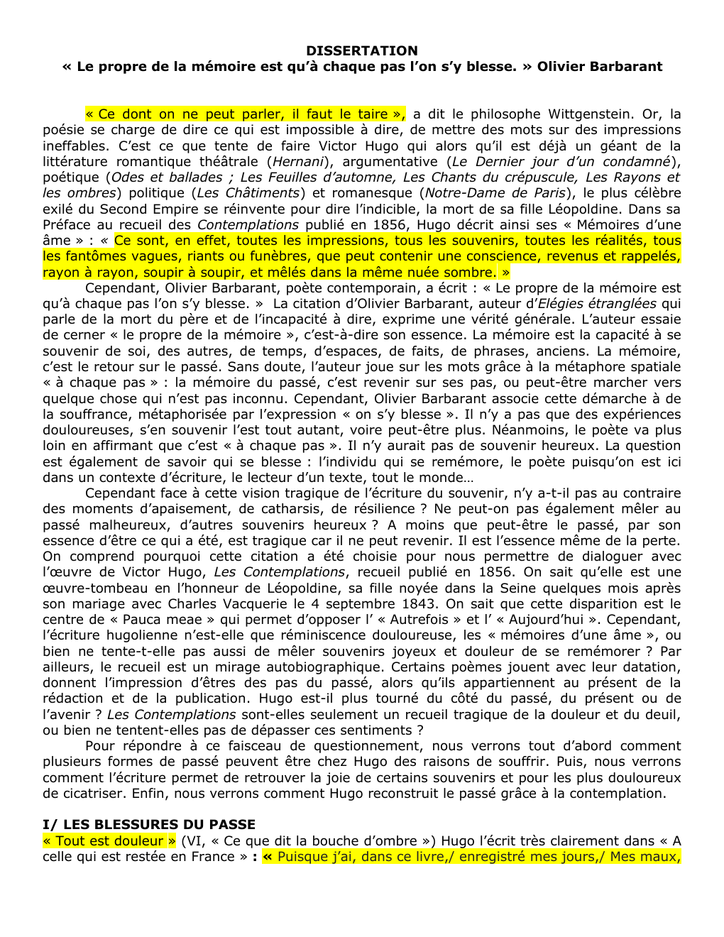 Prévisualisation du document Les contemplations dissertation: « Le propre de la mémoire est qu’à chaque pas l’on s’y blesse. » Olivier Barbarant