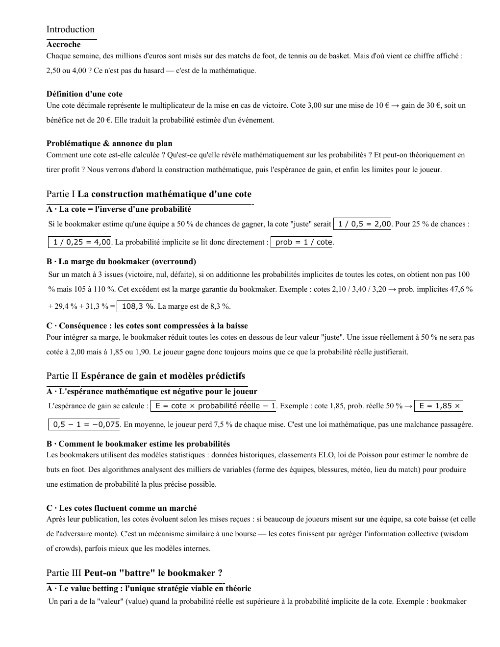 Prévisualisation du document Les cotes de paris sportifs