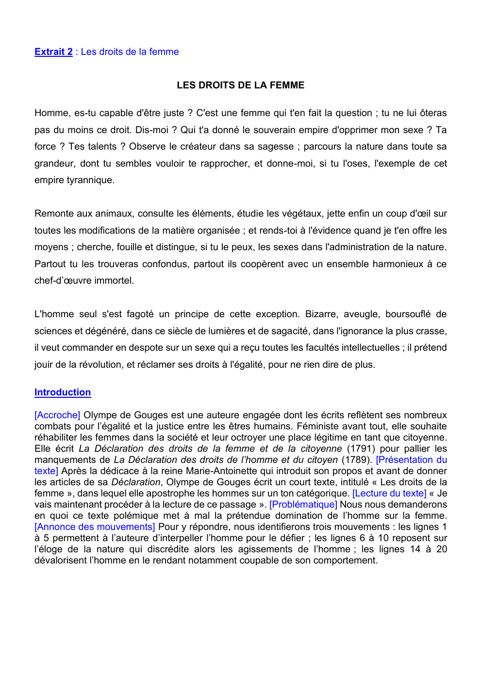 Prévisualisation du document LES DROITS DE LA FEMME Olympe de Gouges (commentaire de texte)