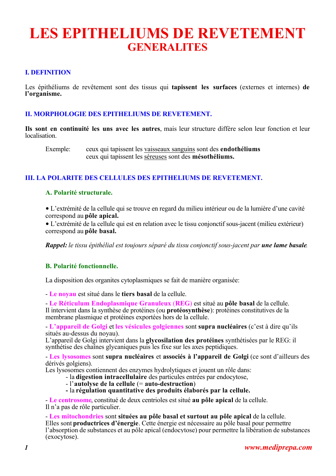 Prévisualisation du document LES EPITHELIUMS DE REVETEMENTGENERALITESI