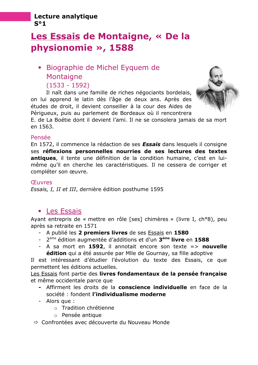 Prévisualisation du document Les Essais de Montaigne - Lecture Analytique Lecture analytique S°1  Les Essais de Montaigne, « De la physionomie », 1588