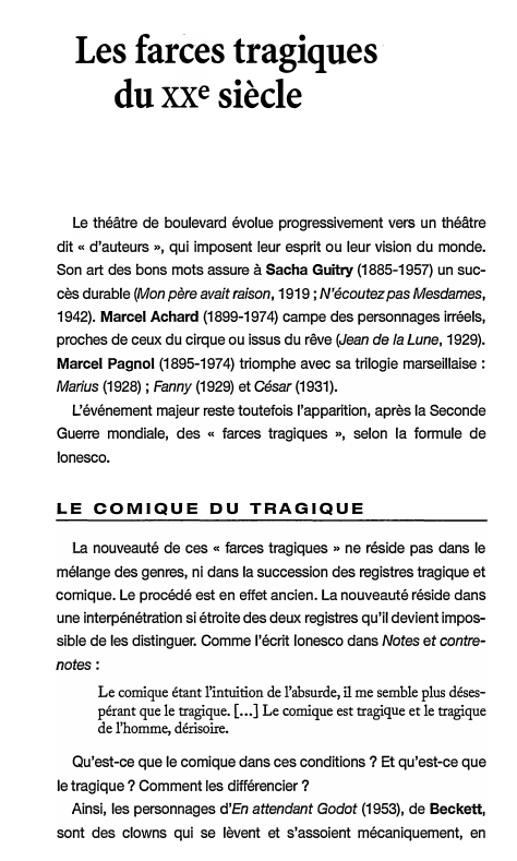 Prévisualisation du document Les farces tragiques
du :xxe siècle
Le théâtre de boulevard évolue progressivement vers un théâtre
dit " d'auteurs », qui...
