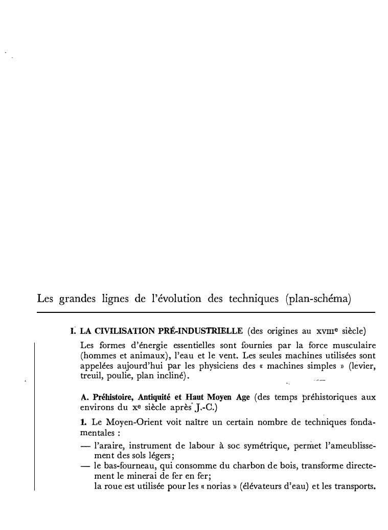 Prévisualisation du document Les grandes lignes de l'évolution des techniques (plan-schéma)
t LA CIVILISATION PRÉ-INDUSTRIELLE (des origines au xvme siècle)
Les formes d'énergie...
