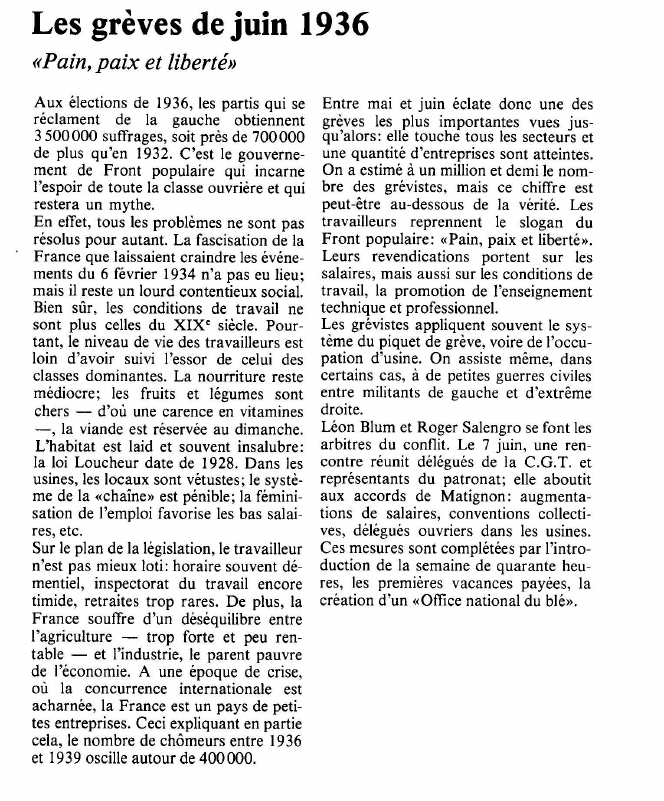 Prévisualisation du document Les grèves de juin 1936«Pain, paix et liberté».