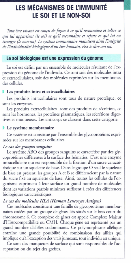 Prévisualisation du document LES MÉCANISMES DE L'IMMUNITÉ
LE SOI ET LE NON-SOI
Tout être vivant est conçu de façon à ce qu'il reconnaisse...