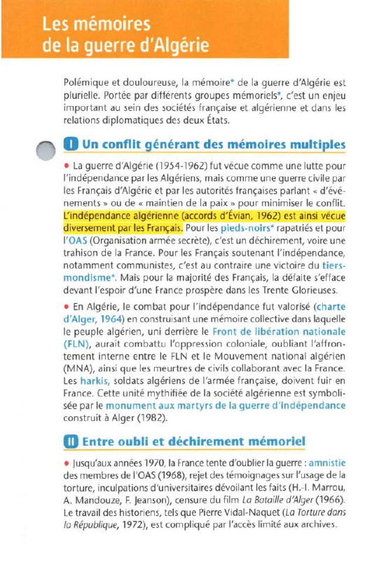 Prévisualisation du document Les mémoires
de la guerre d'Algérie
Polémique et douloureuse, la mémoire• de la guerre d'Algérie est
plurielle. Portée par différents...