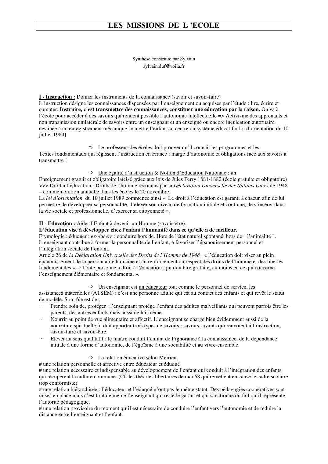 Prévisualisation du document LES MISSIONS DE L 'ECOLESynthèse construite par Sylvainsylvain.