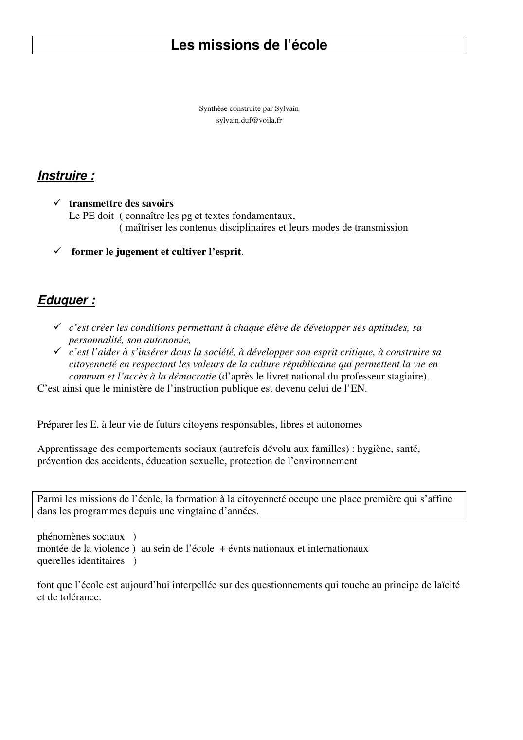 Prévisualisation du document Les missions de l'écoleSynthèse construite par Sylvainsylvain.