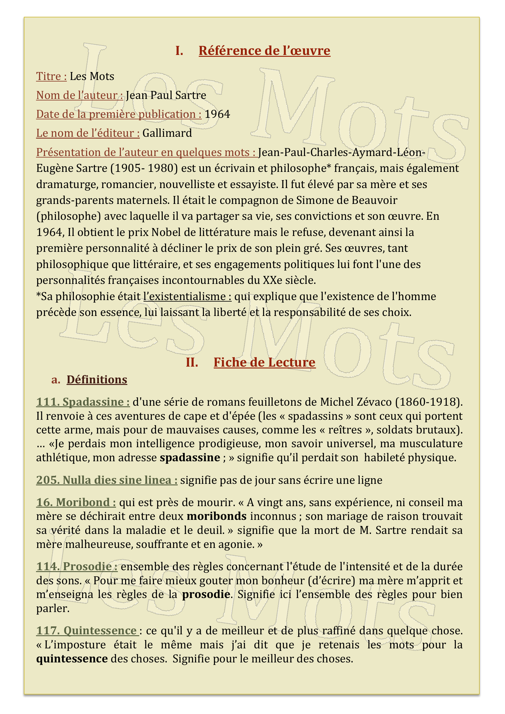 Prévisualisation du document Les Mots Jean Paul Sartre (Fiche de lecture)