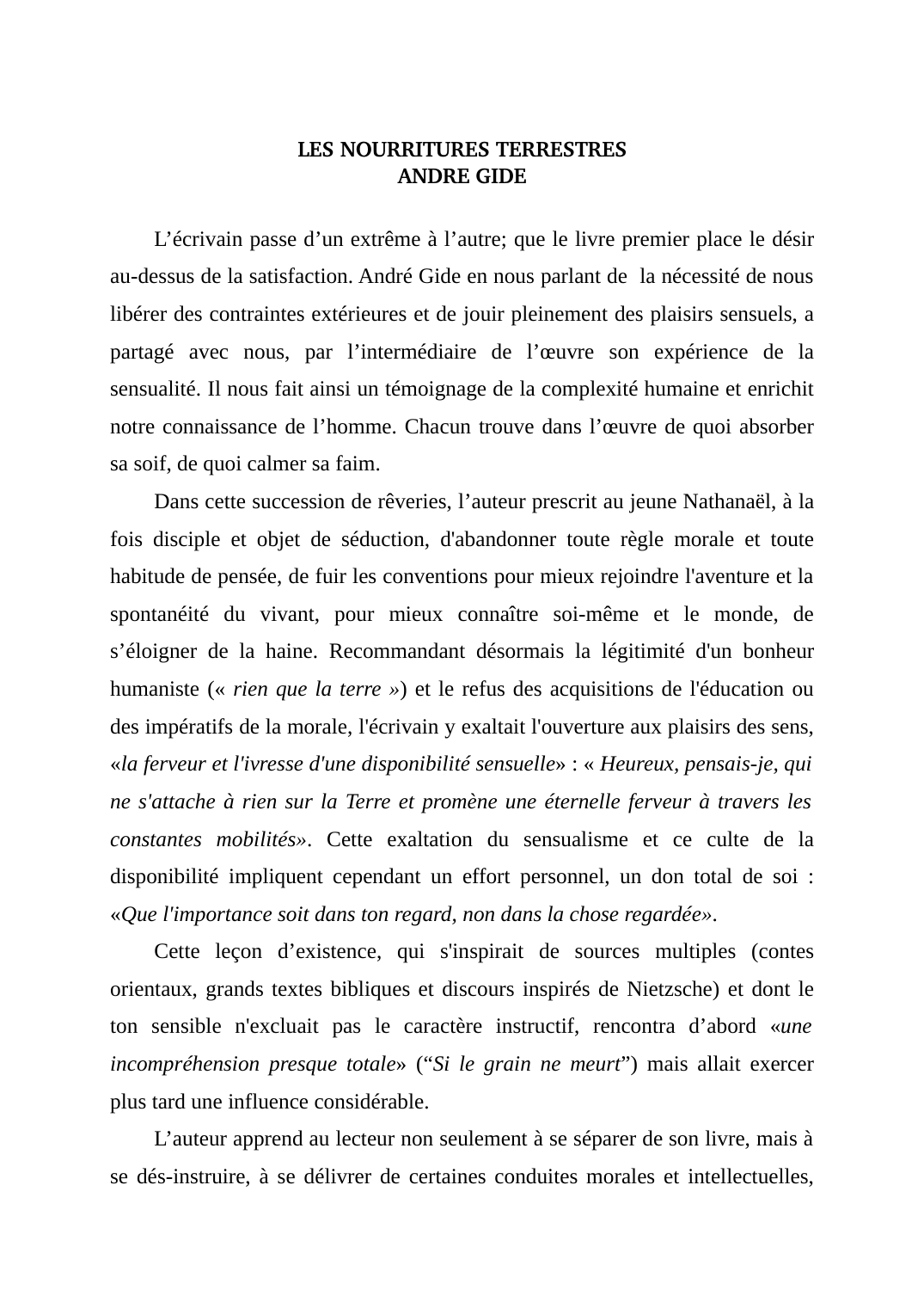 Prévisualisation du document LES NOURRITURES TERRESTRES D'ANDRE GIDE