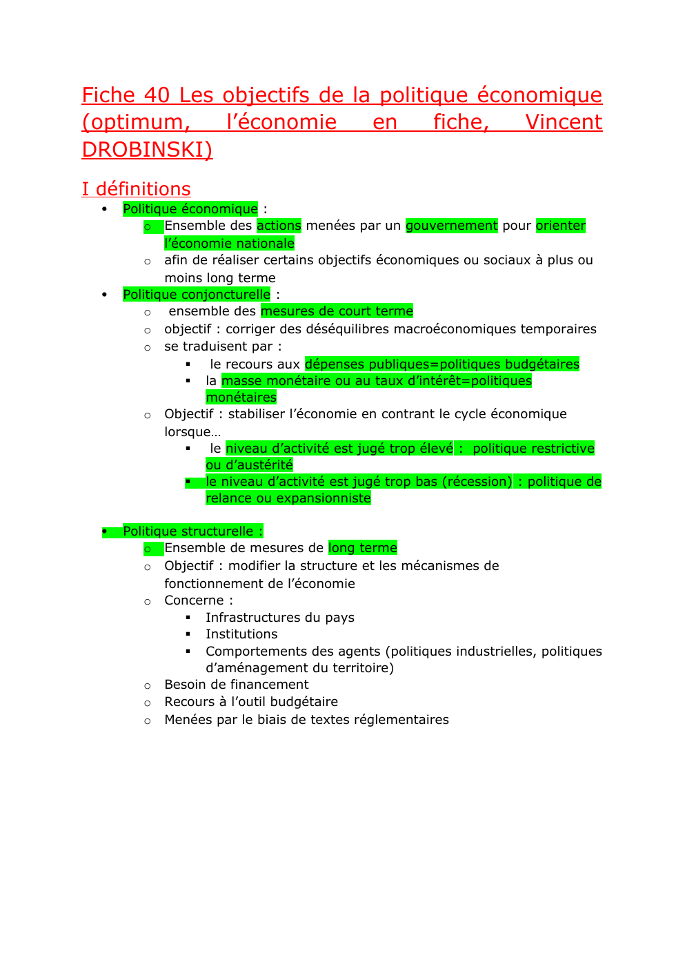 Prévisualisation du document Les objectifs de la politique économique  (fiche d'après l'économie en fiches de Vincnet Drobinski)