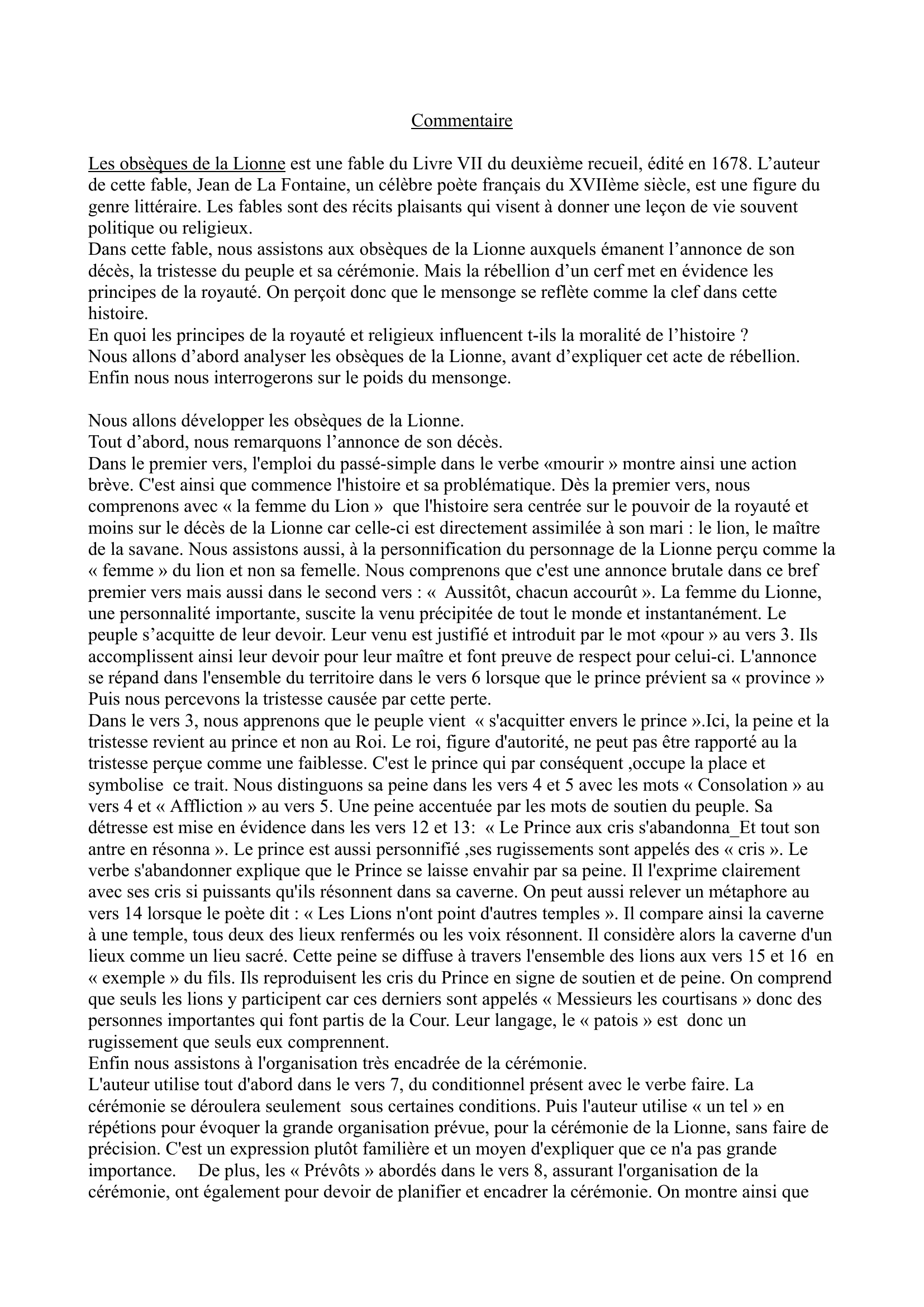 Prévisualisation du document Les obsèques de la Lionne de Jean de La Fontaine commentaire