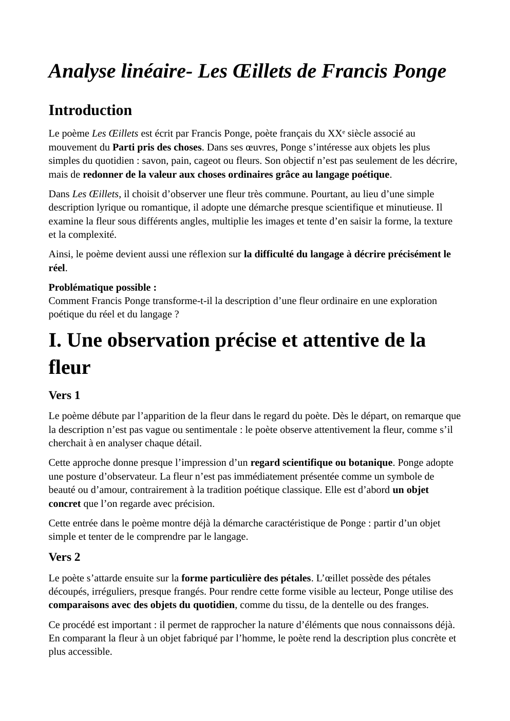 Prévisualisation du document Les oeillets analyse linéaire Ponge