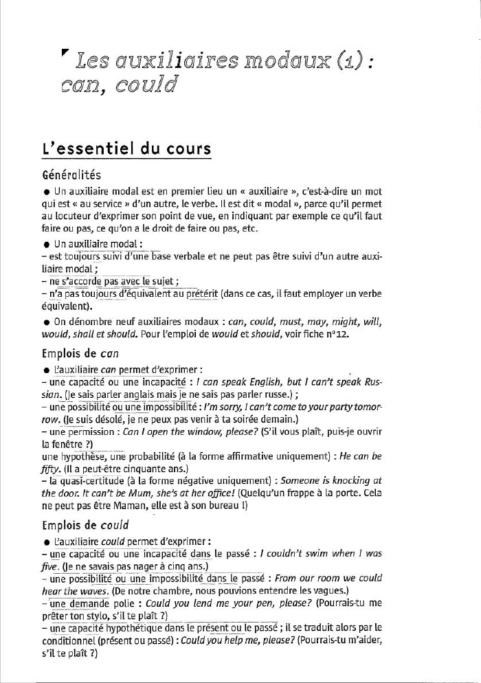 Prévisualisation du document "' Les (ô]VJXili 01ires modaux (i) ·

con, could
L'essentiel du cours
Généralités
• Un auxiliaire modal est en premier...