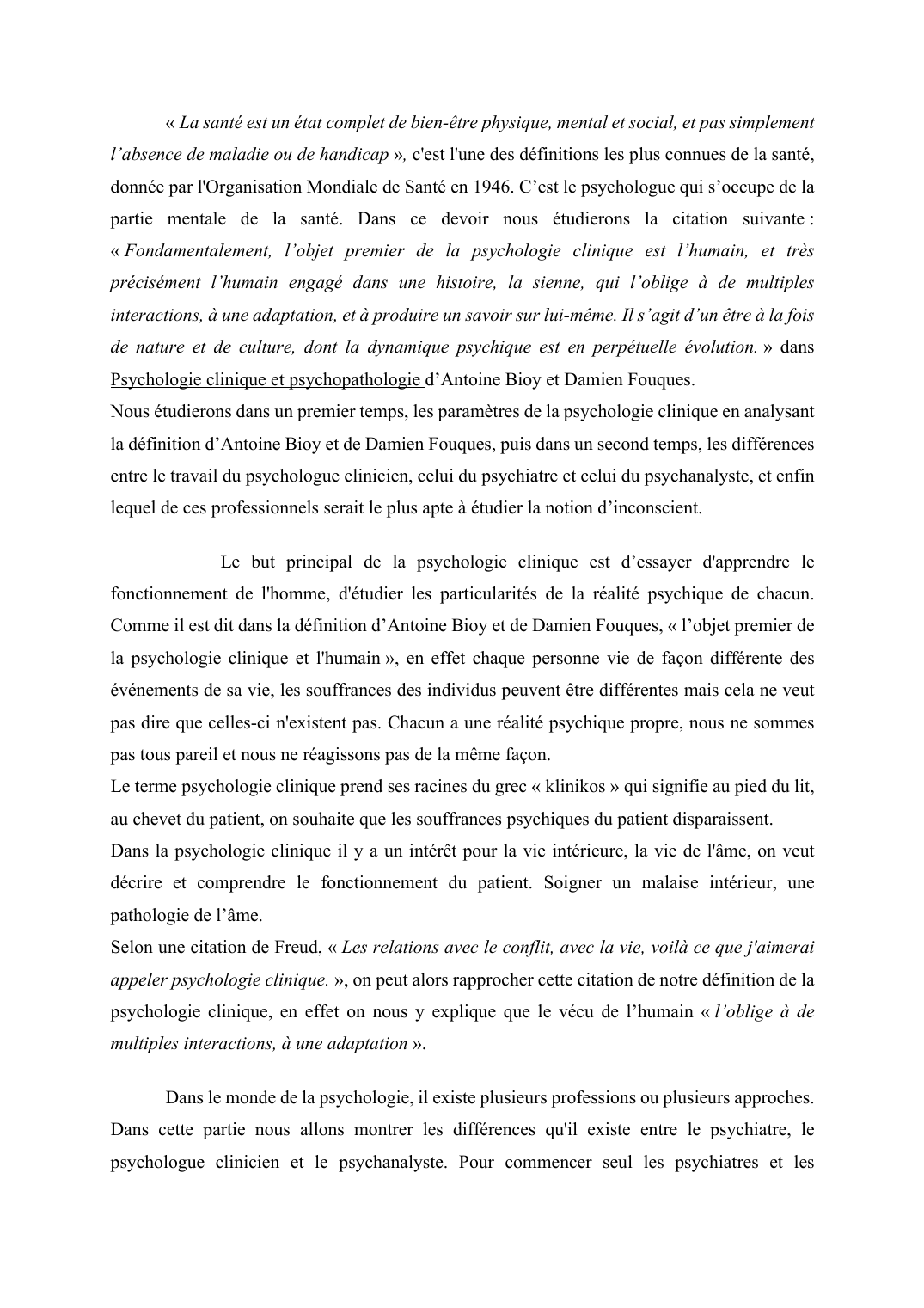 Prévisualisation du document Les paramètres de la psychologie clinique en analysant la définition d’Antoine Bioy et de Damien Fouques