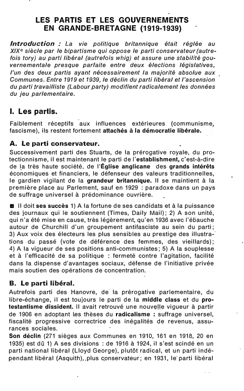 Prévisualisation du document LES PARTIS ET LES GOUVERNEMENTS
EN GRANDE-BRETAGNE (1919-1939)
Introduction : La vie politique britannique était réglée au
XIXe siècle par...