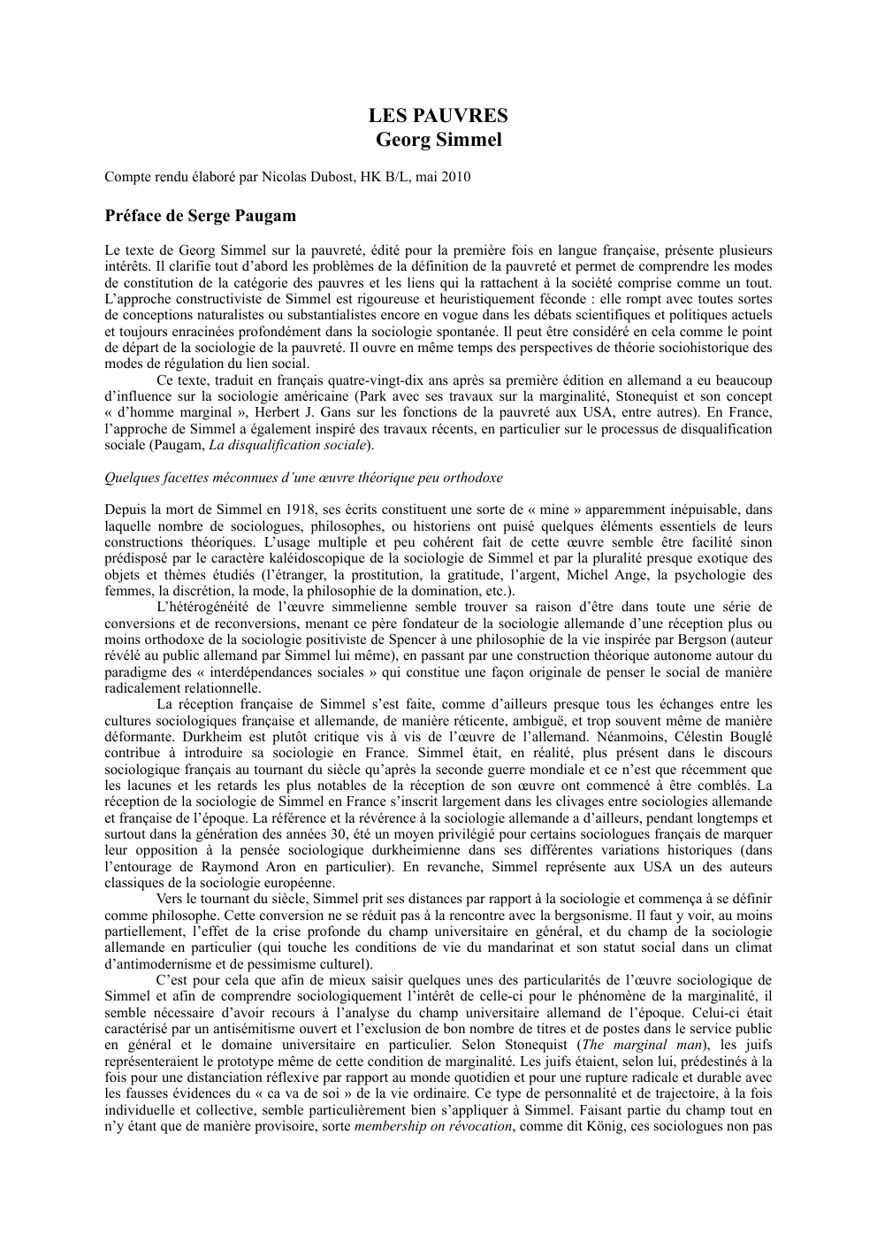 Prévisualisation du document LES PAUVRES  Georg Simmel  Compte rendu de lecture