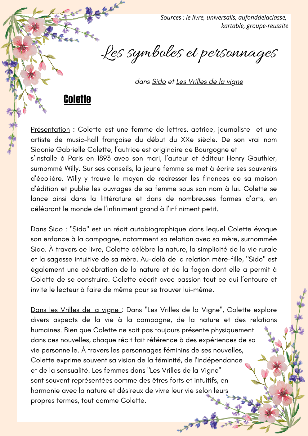 Prévisualisation du document Les personnages et symboles dans Sido et Les vrilles de la vigne de Colette