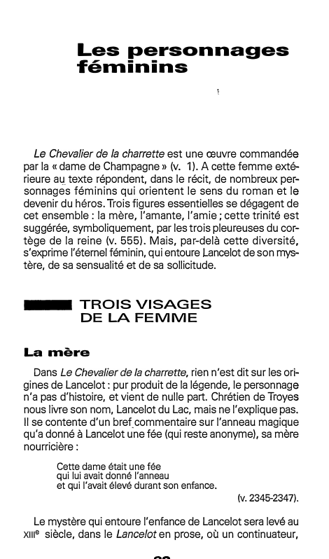 Prévisualisation du document Les personnages
féminins

Le Chevalier de la charrette est une œuvre commandée
par la « dame de Champagne» (v. 1...