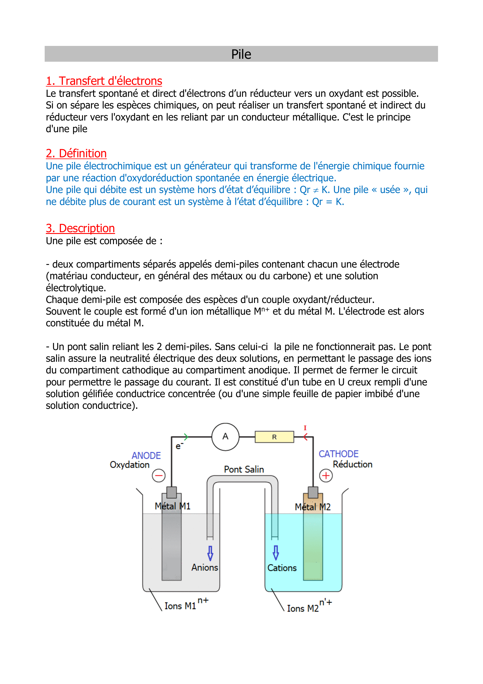 Prévisualisation du document Les piles Rappel : réactions d’oxydoréduction